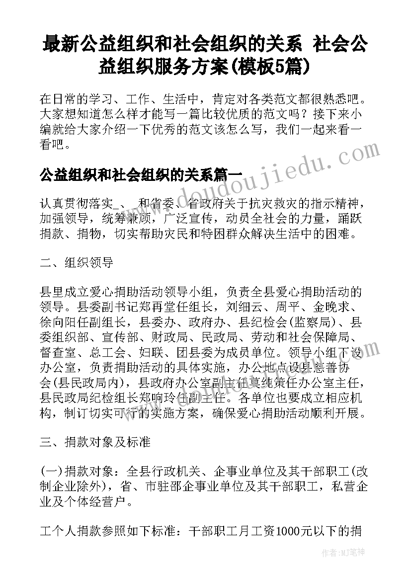 最新公益组织和社会组织的关系 社会公益组织服务方案(模板5篇)