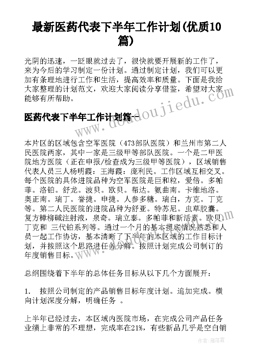 最新医药代表下半年工作计划(优质10篇)