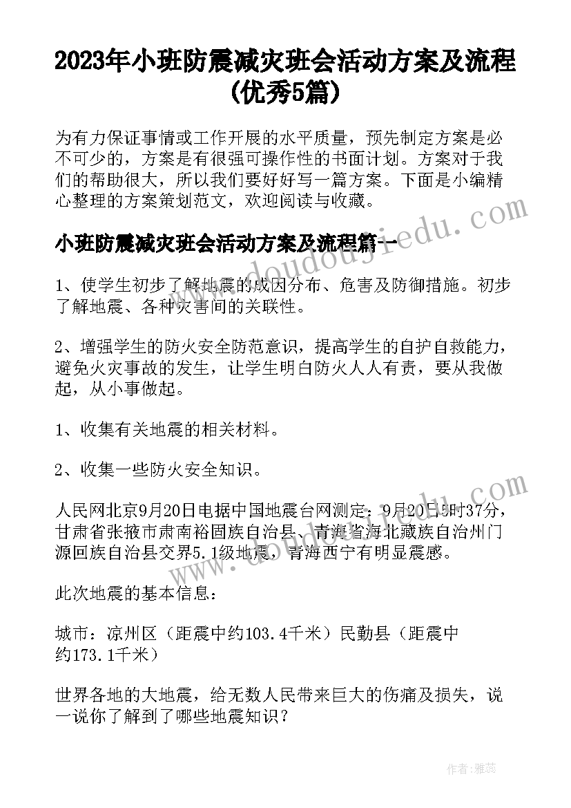 2023年小班防震减灾班会活动方案及流程(优秀5篇)