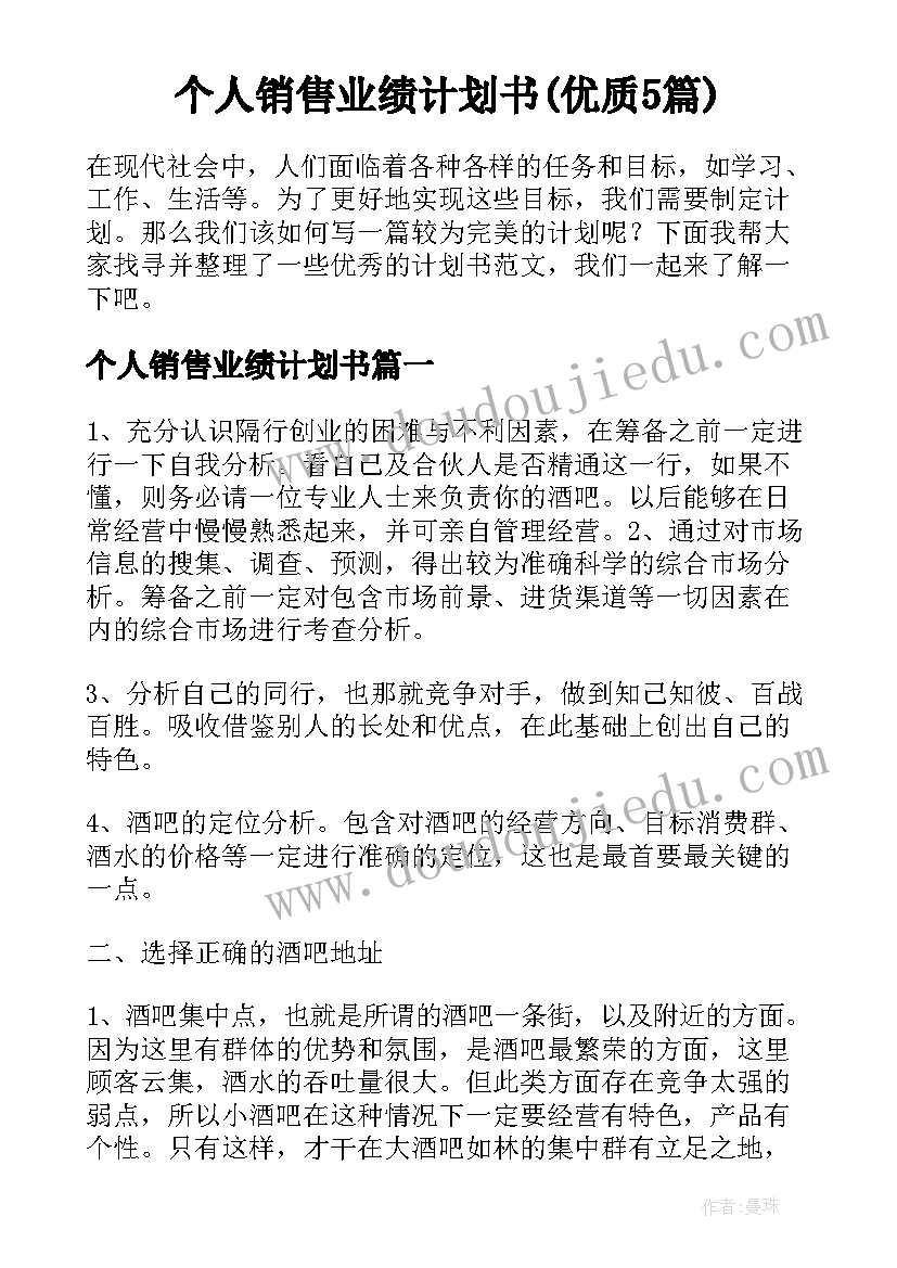 个人销售业绩计划书(优质5篇)