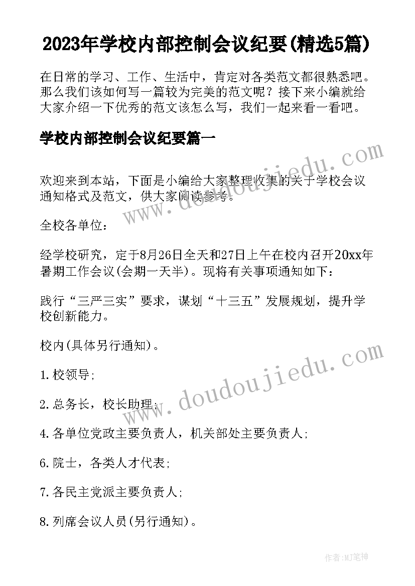 2023年学校内部控制会议纪要(精选5篇)