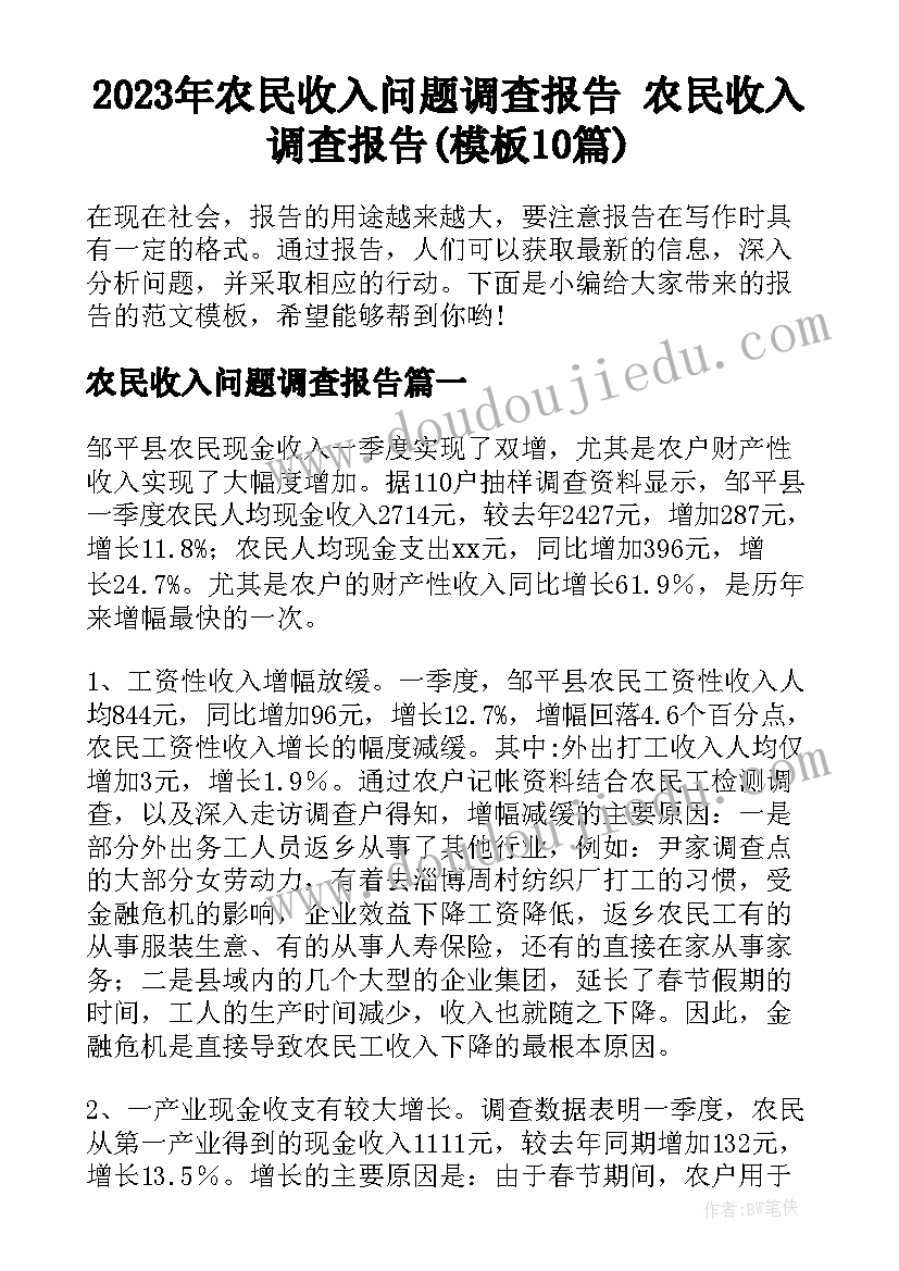 2023年农民收入问题调查报告 农民收入调查报告(模板10篇)