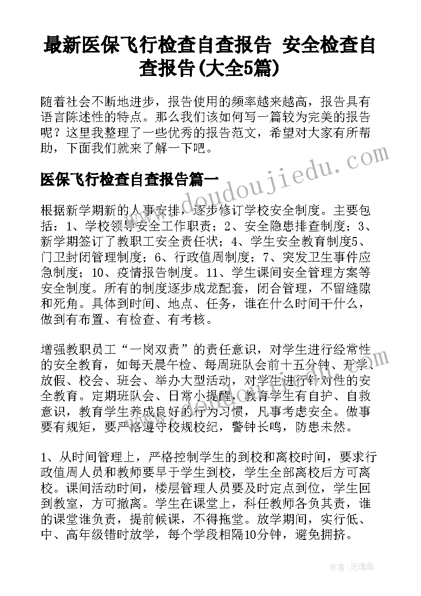 最新医保飞行检查自查报告 安全检查自查报告(大全5篇)