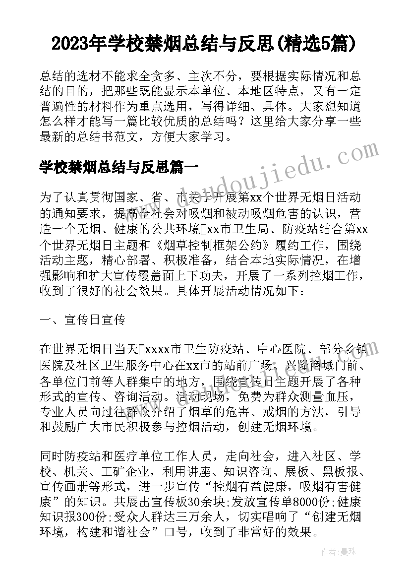 2023年学校禁烟总结与反思(精选5篇)