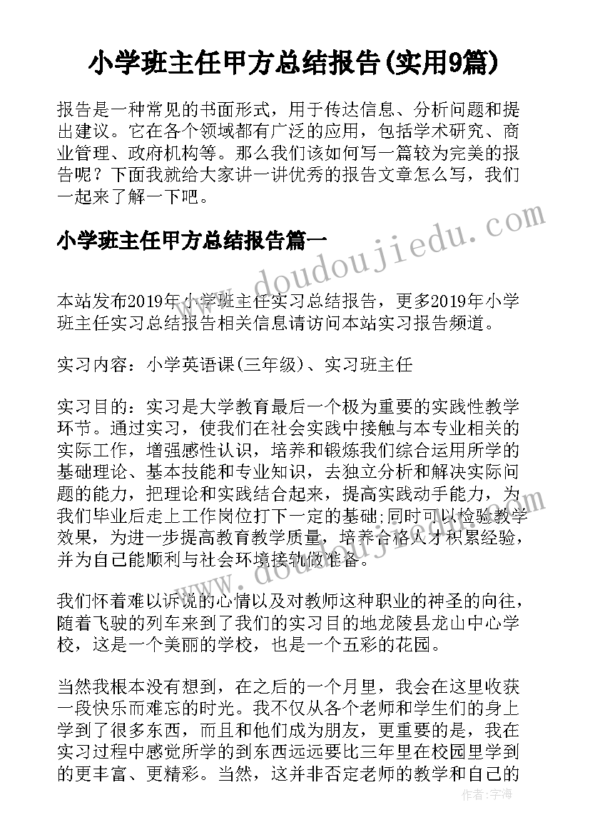 小学班主任甲方总结报告(实用9篇)