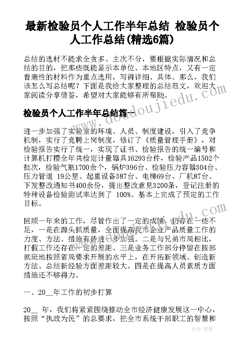 最新检验员个人工作半年总结 检验员个人工作总结(精选6篇)