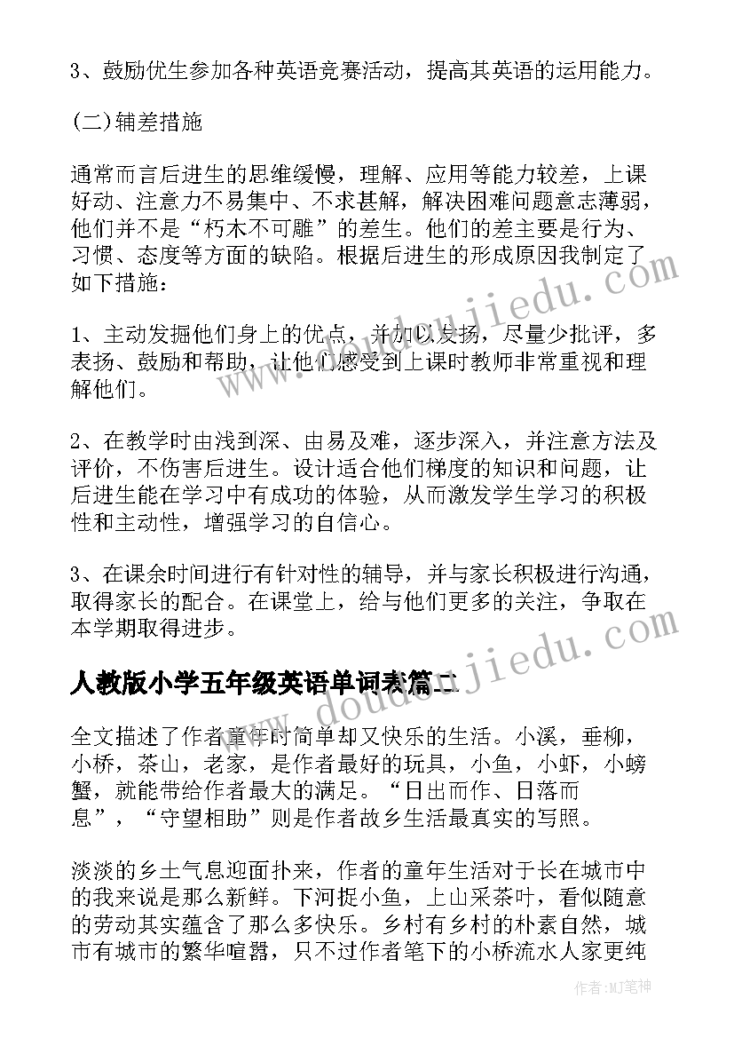 最新人教版小学五年级英语单词表 小学五年级英语教学计划(大全5篇)