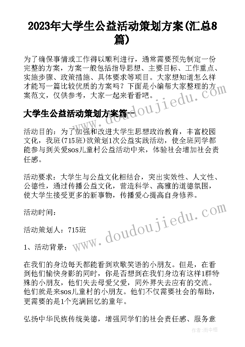 2023年大学生公益活动策划方案(汇总8篇)