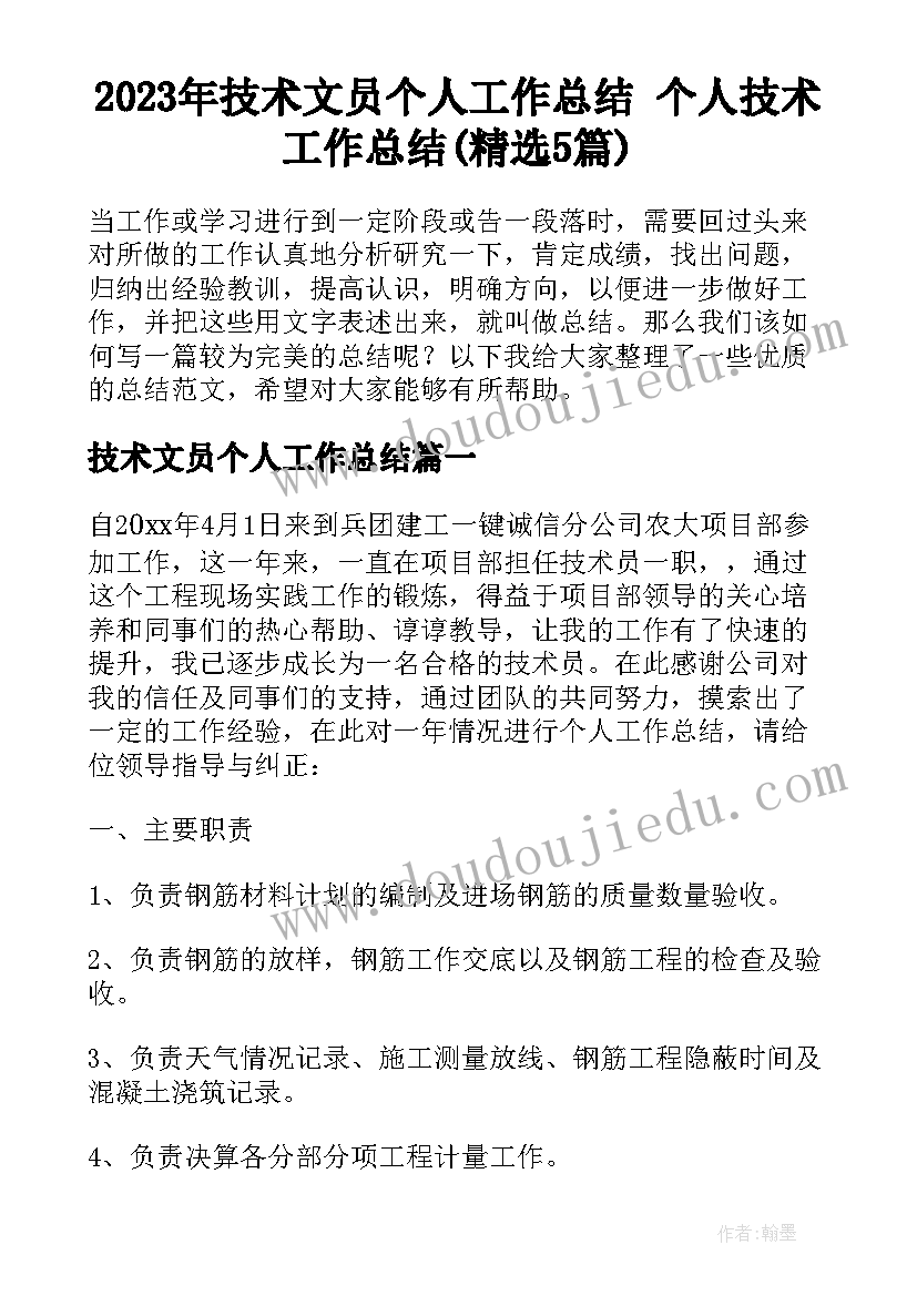 2023年技术文员个人工作总结 个人技术工作总结(精选5篇)