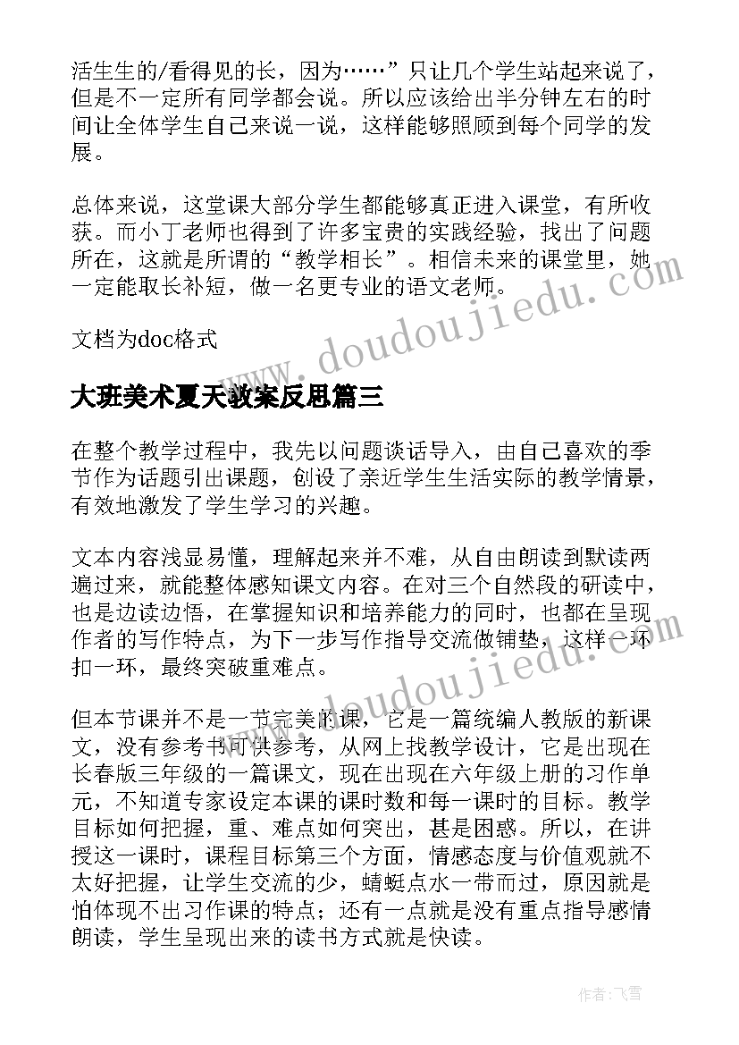 最新大班美术夏天教案反思 在夏天里成长教学反思(通用5篇)