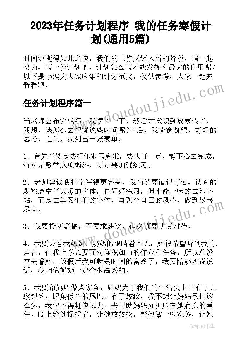 2023年任务计划程序 我的任务寒假计划(通用5篇)