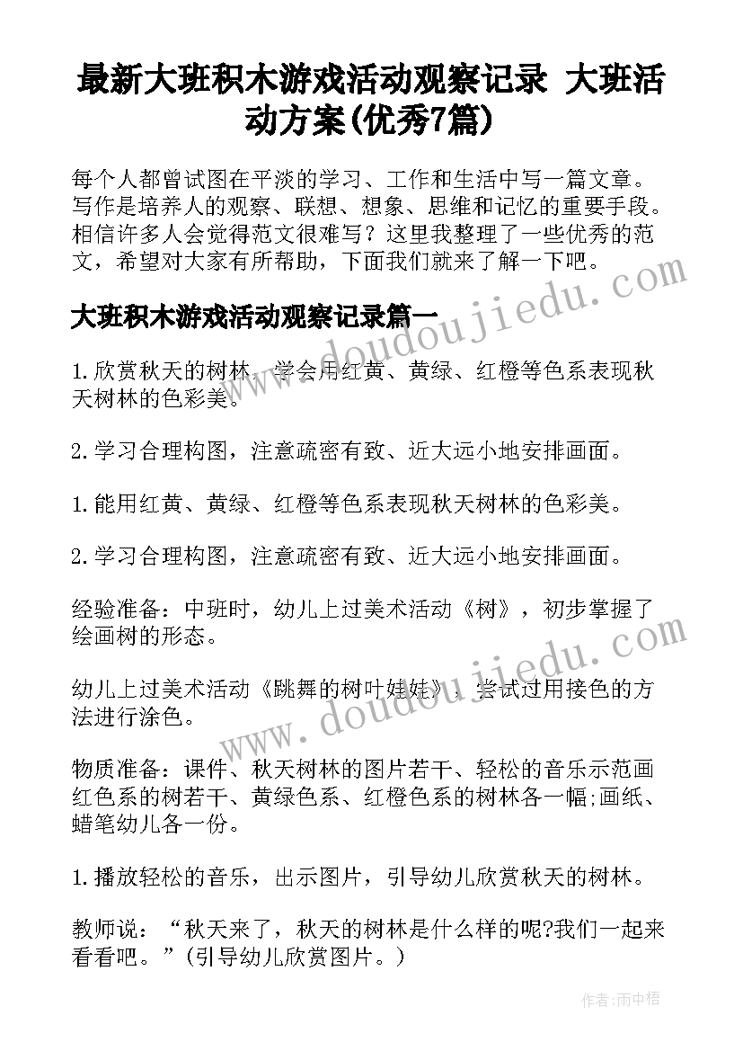 最新大班积木游戏活动观察记录 大班活动方案(优秀7篇)