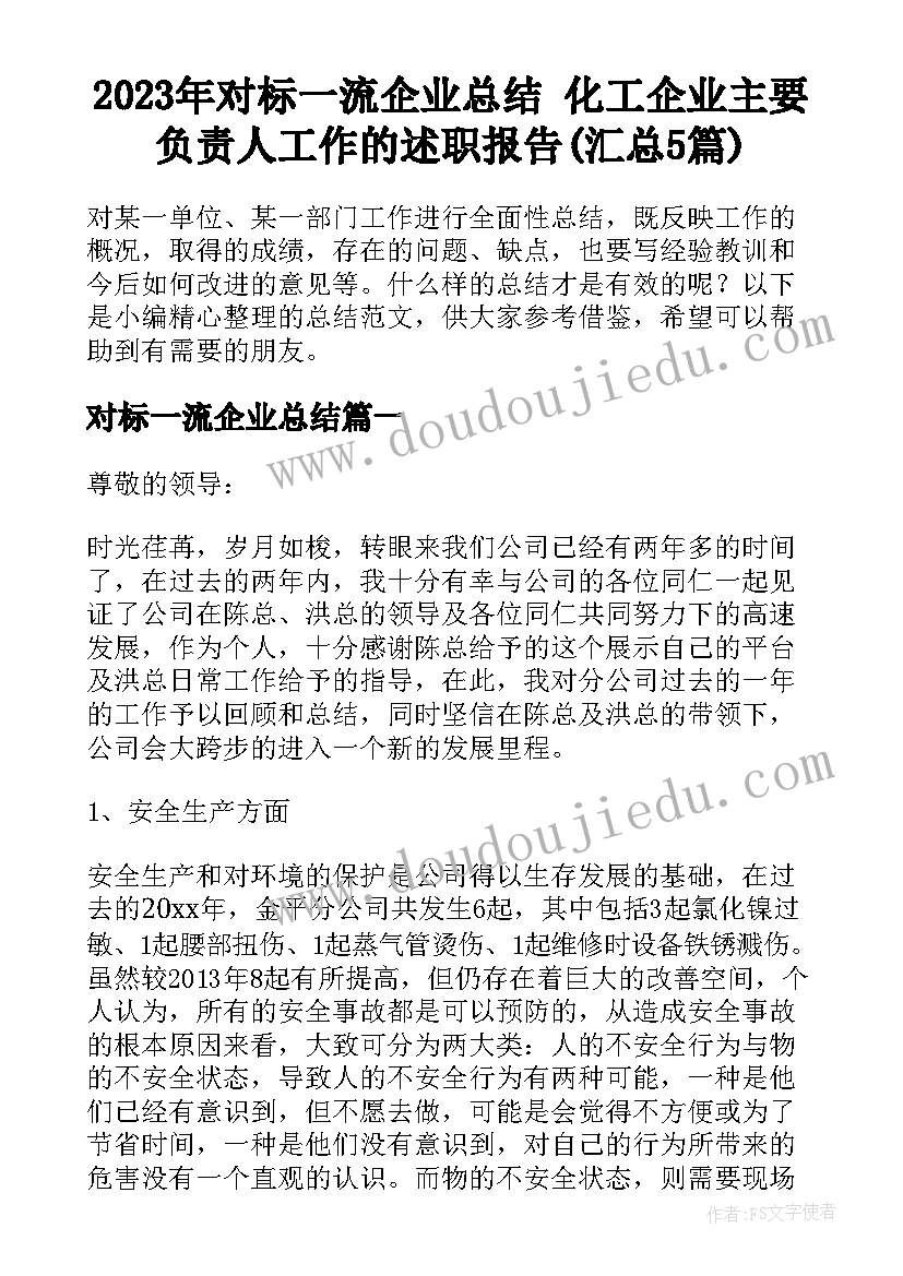 2023年对标一流企业总结 化工企业主要负责人工作的述职报告(汇总5篇)