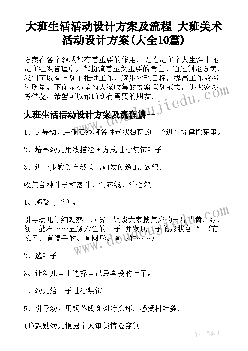 大班生活活动设计方案及流程 大班美术活动设计方案(大全10篇)