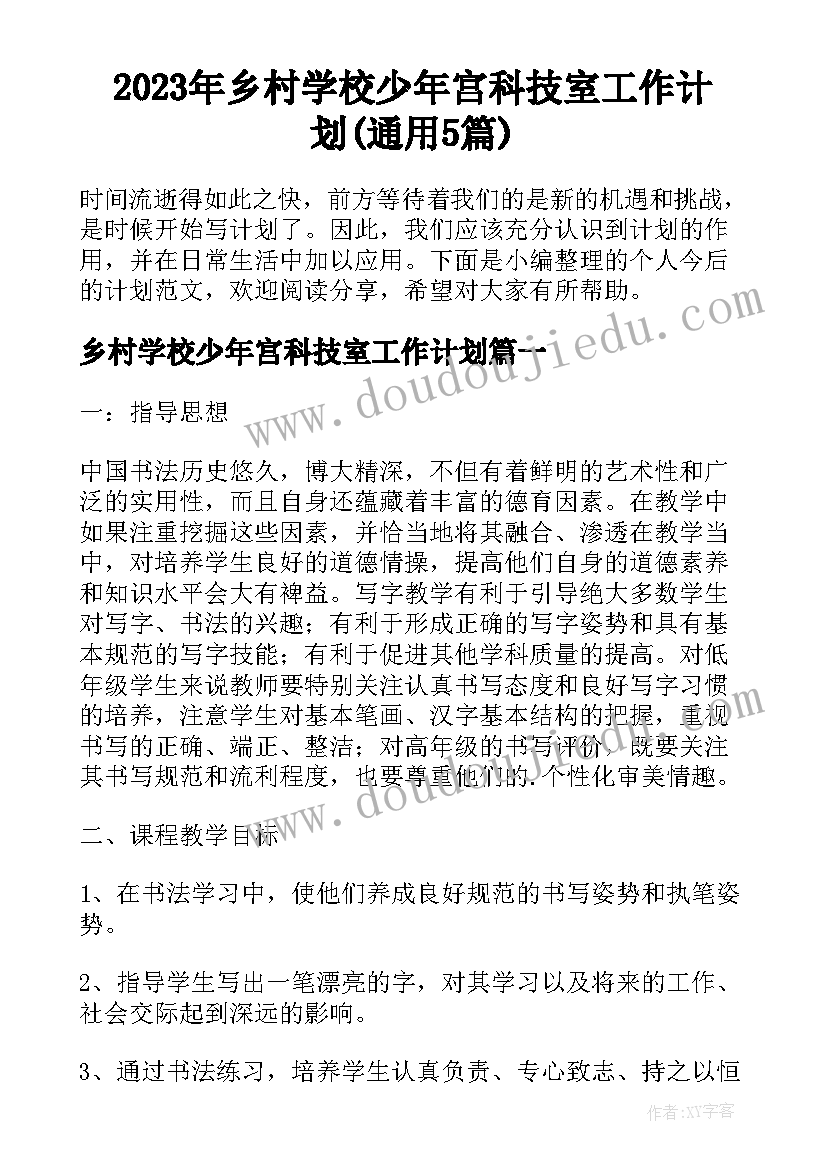 2023年乡村学校少年宫科技室工作计划(通用5篇)