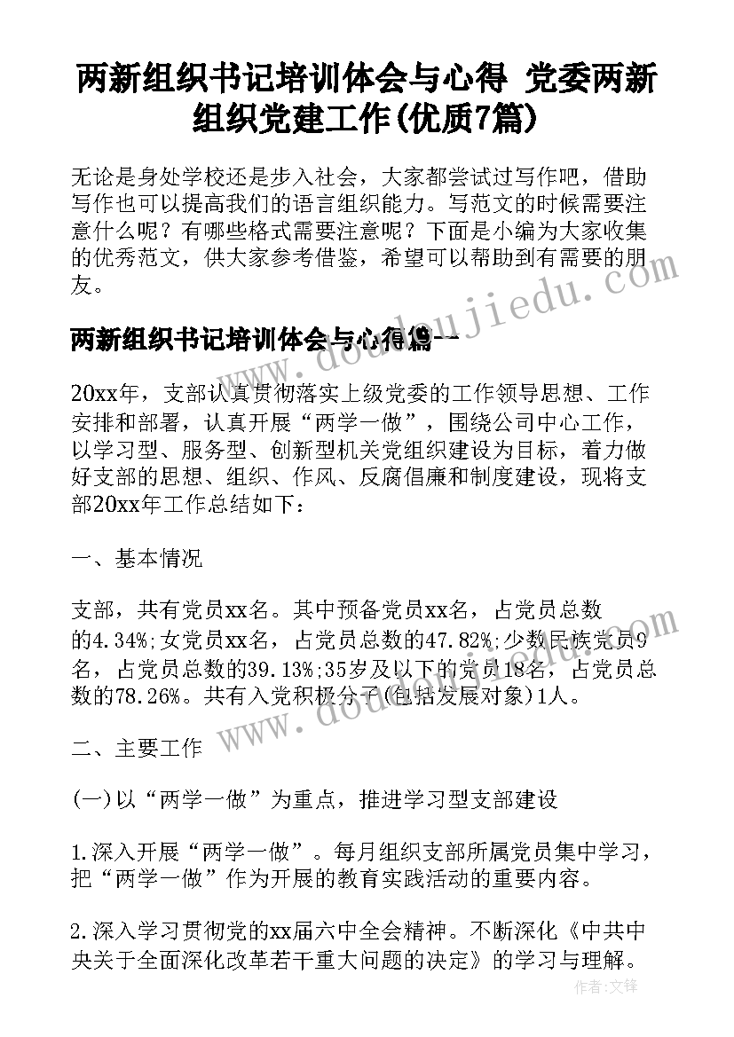 两新组织书记培训体会与心得 党委两新组织党建工作(优质7篇)