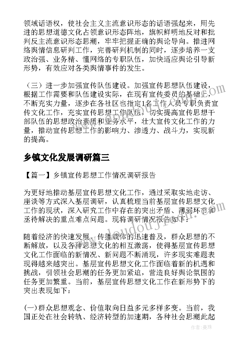 乡镇文化发展调研 乡镇宣传工作的调研报告(大全5篇)