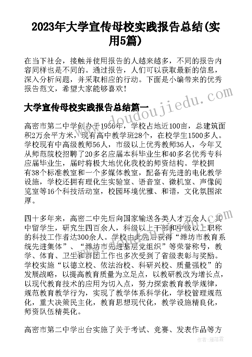 2023年大学宣传母校实践报告总结(实用5篇)