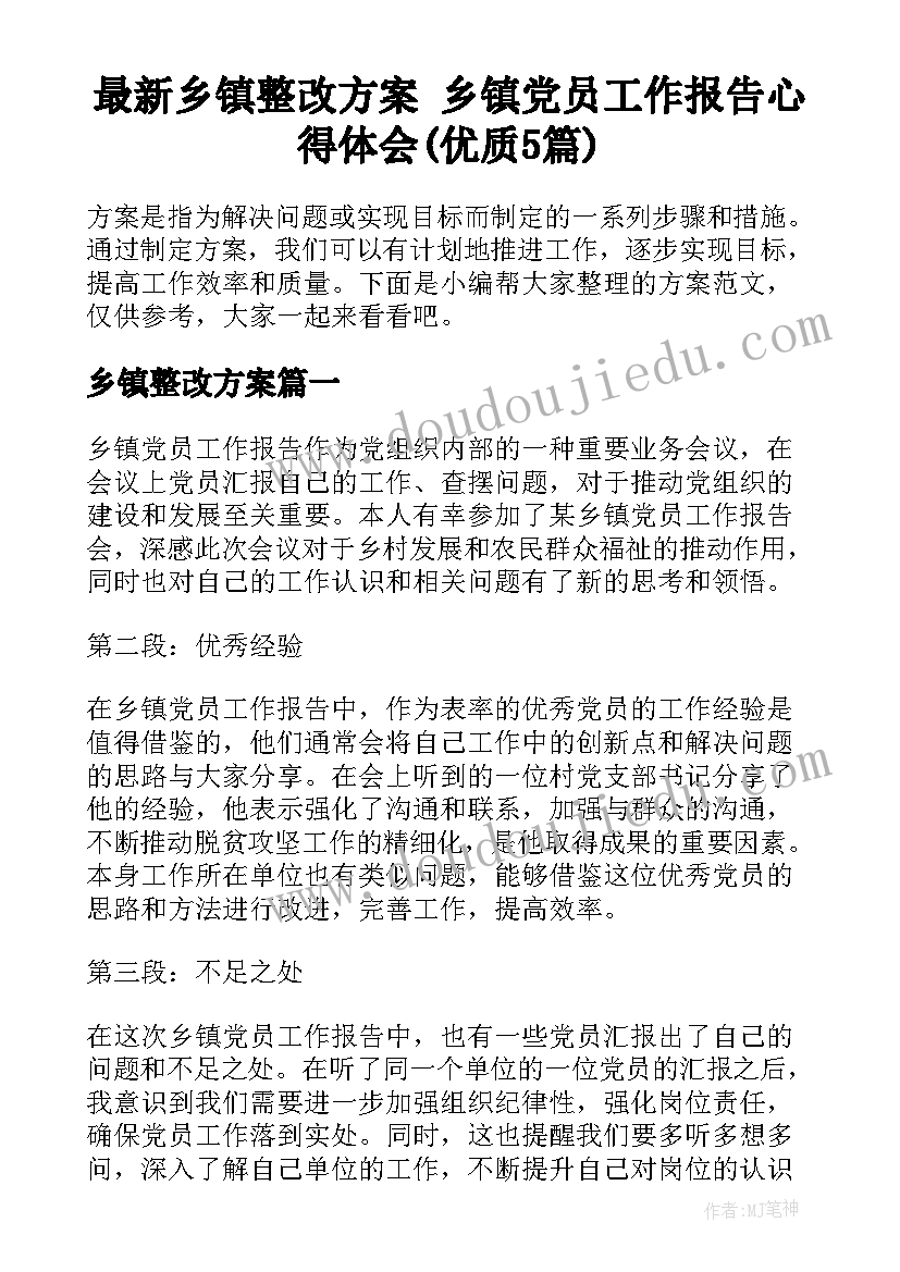 最新乡镇整改方案 乡镇党员工作报告心得体会(优质5篇)