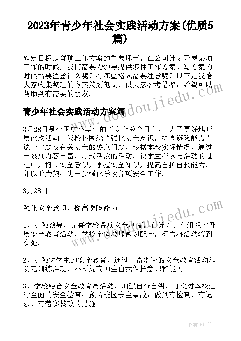 2023年青少年社会实践活动方案(优质5篇)