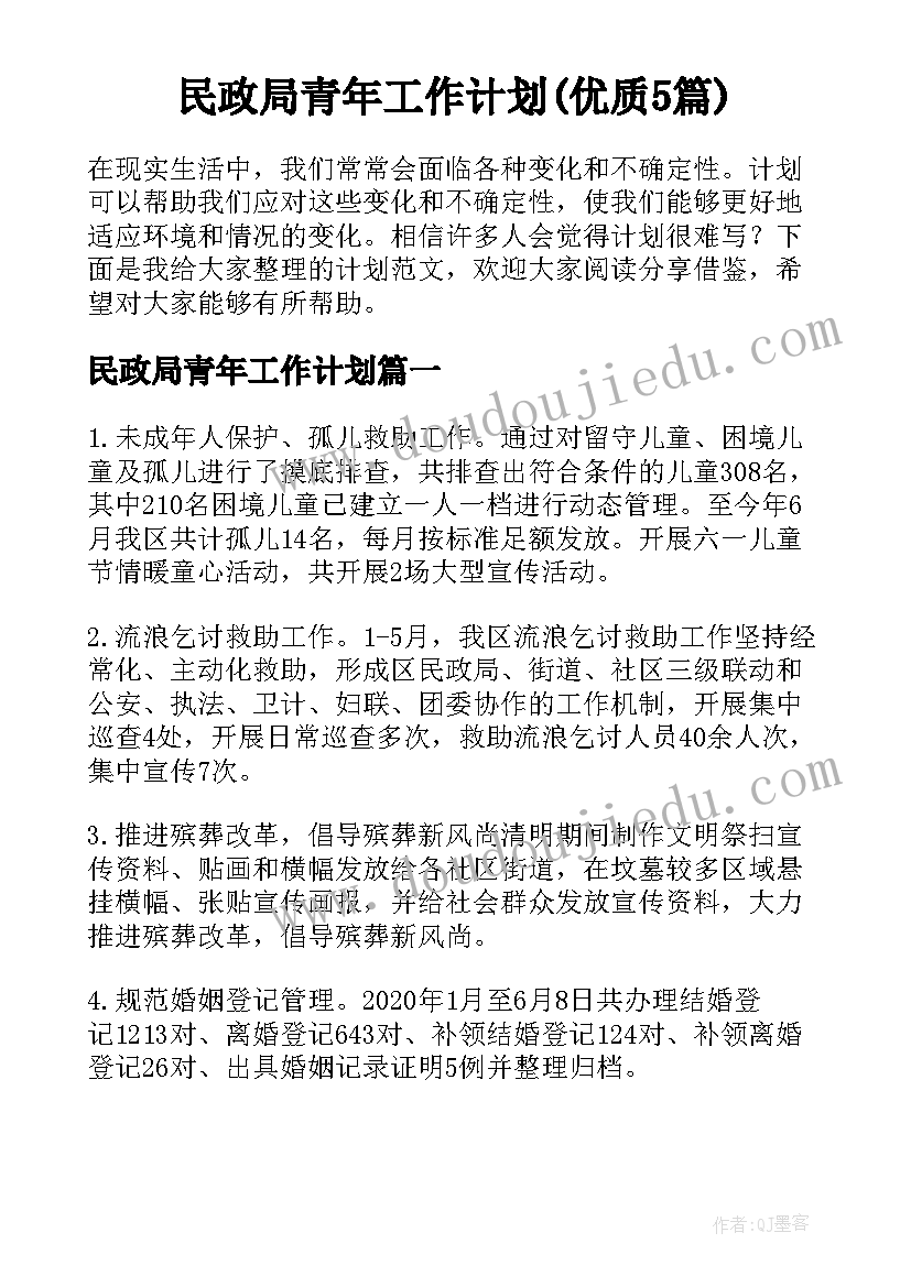 民政局青年工作计划(优质5篇)