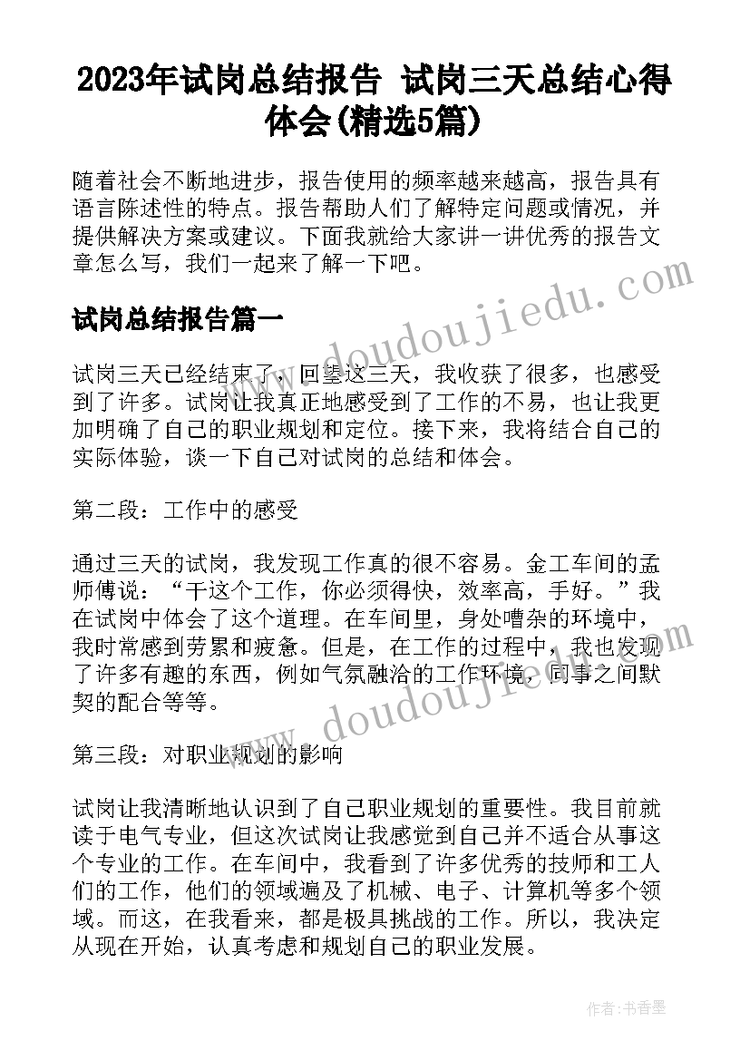 2023年试岗总结报告 试岗三天总结心得体会(精选5篇)