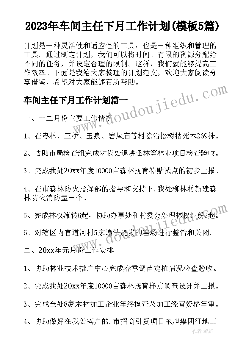 2023年车间主任下月工作计划(模板5篇)