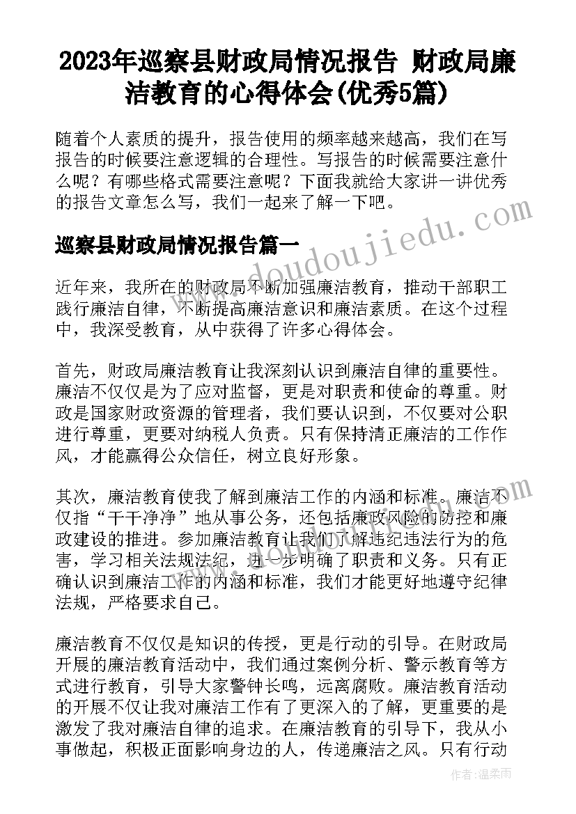 2023年巡察县财政局情况报告 财政局廉洁教育的心得体会(优秀5篇)