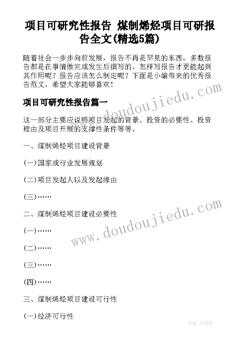 项目可研究性报告 煤制烯烃项目可研报告全文(精选5篇)