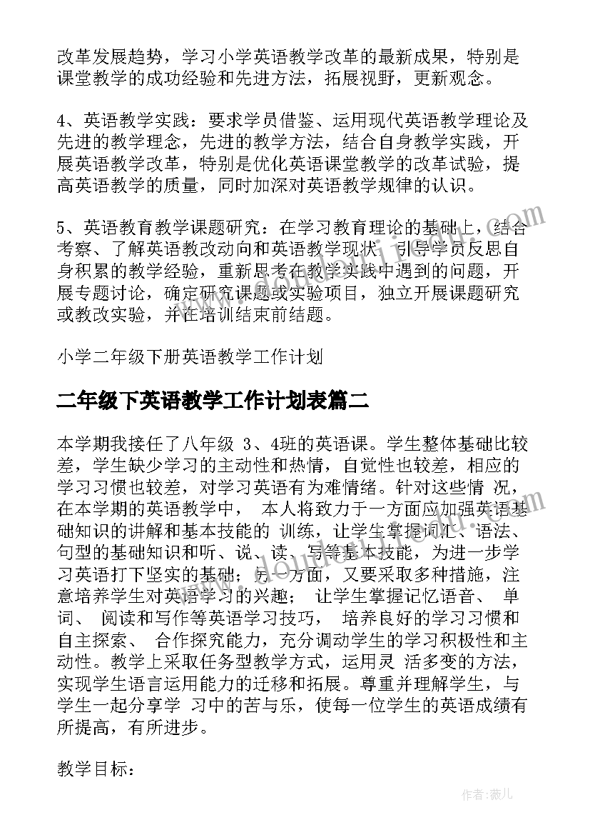 最新二年级下英语教学工作计划表(模板5篇)