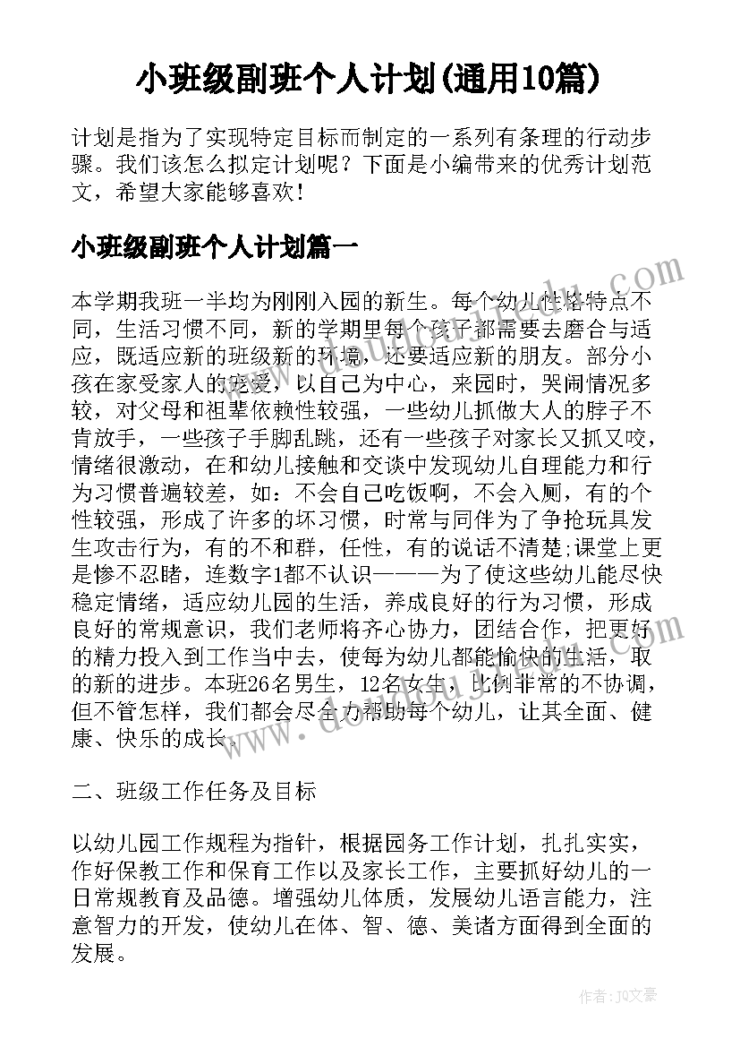 小班级副班个人计划(通用10篇)