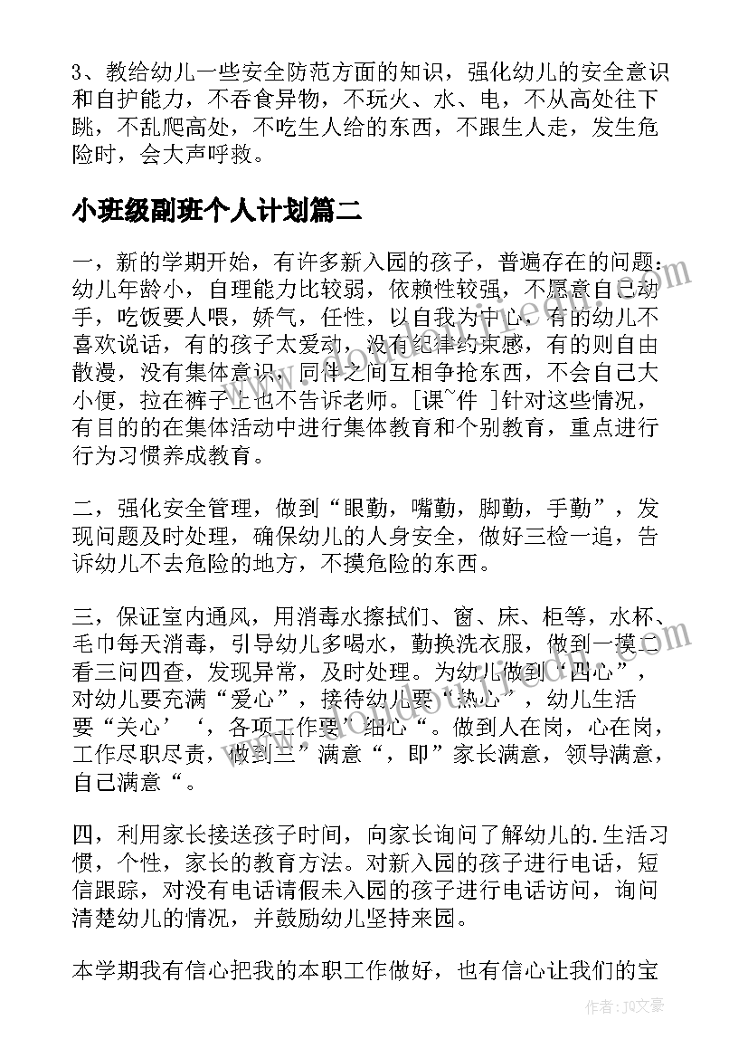 小班级副班个人计划(通用10篇)