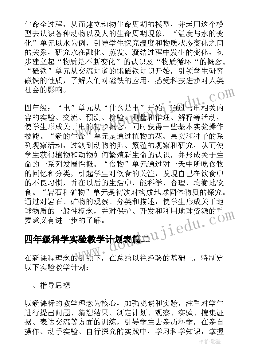 最新四年级科学实验教学计划表(优秀5篇)