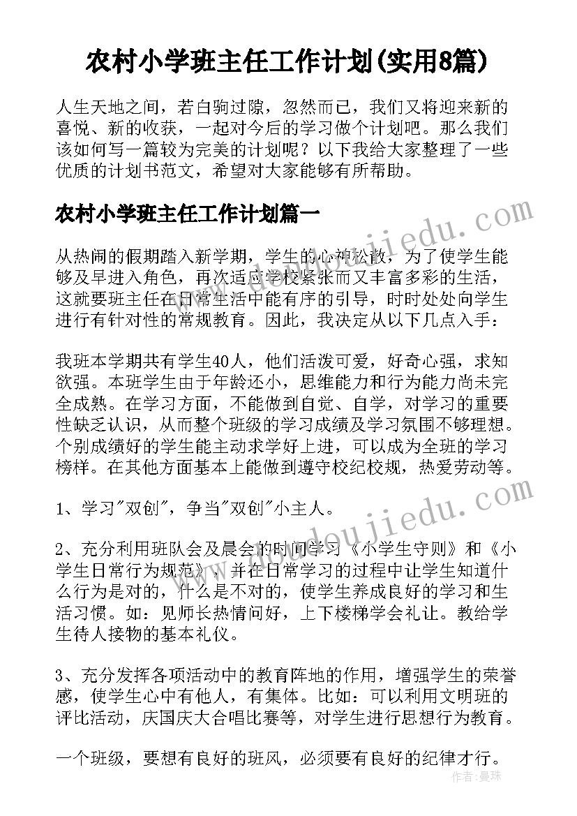 农村小学班主任工作计划(实用8篇)