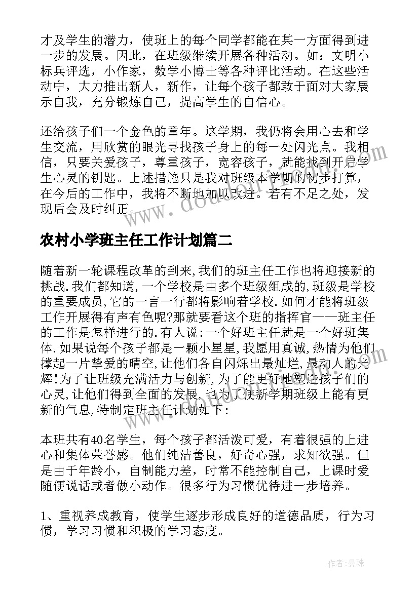 农村小学班主任工作计划(实用8篇)