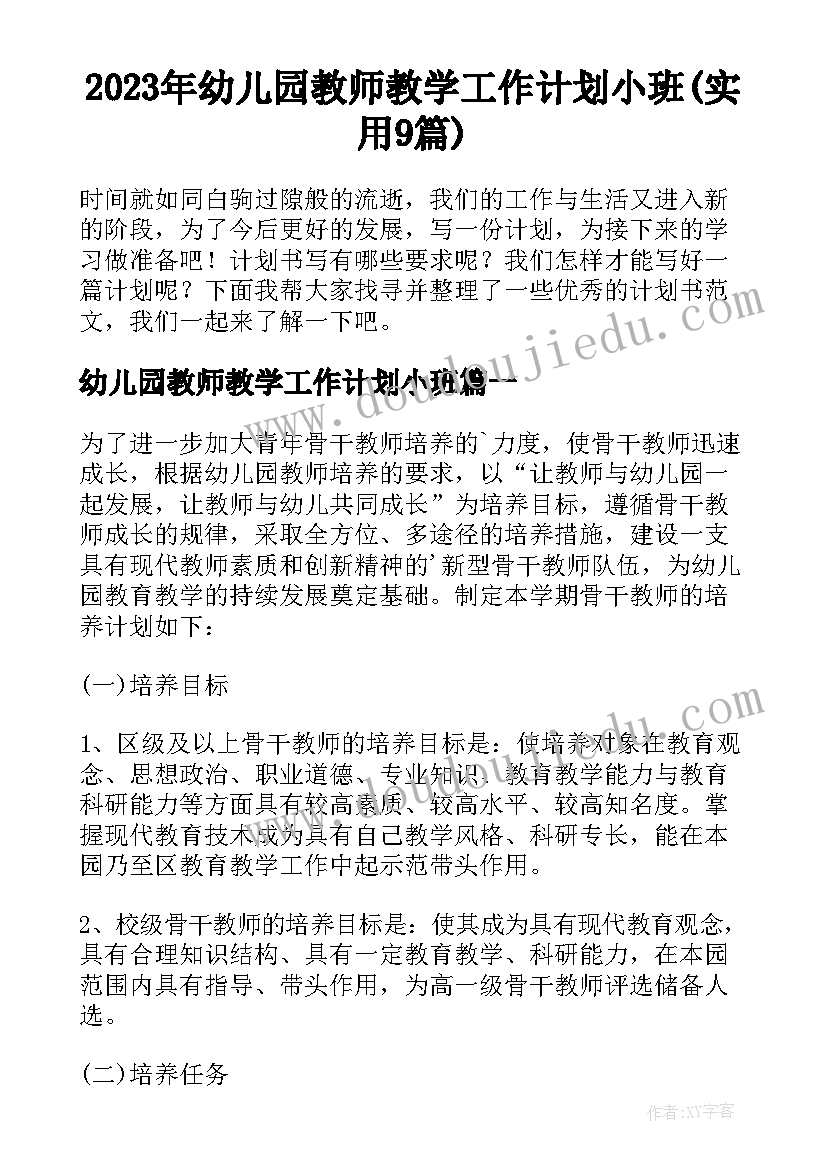 2023年幼儿园教师教学工作计划小班(实用9篇)