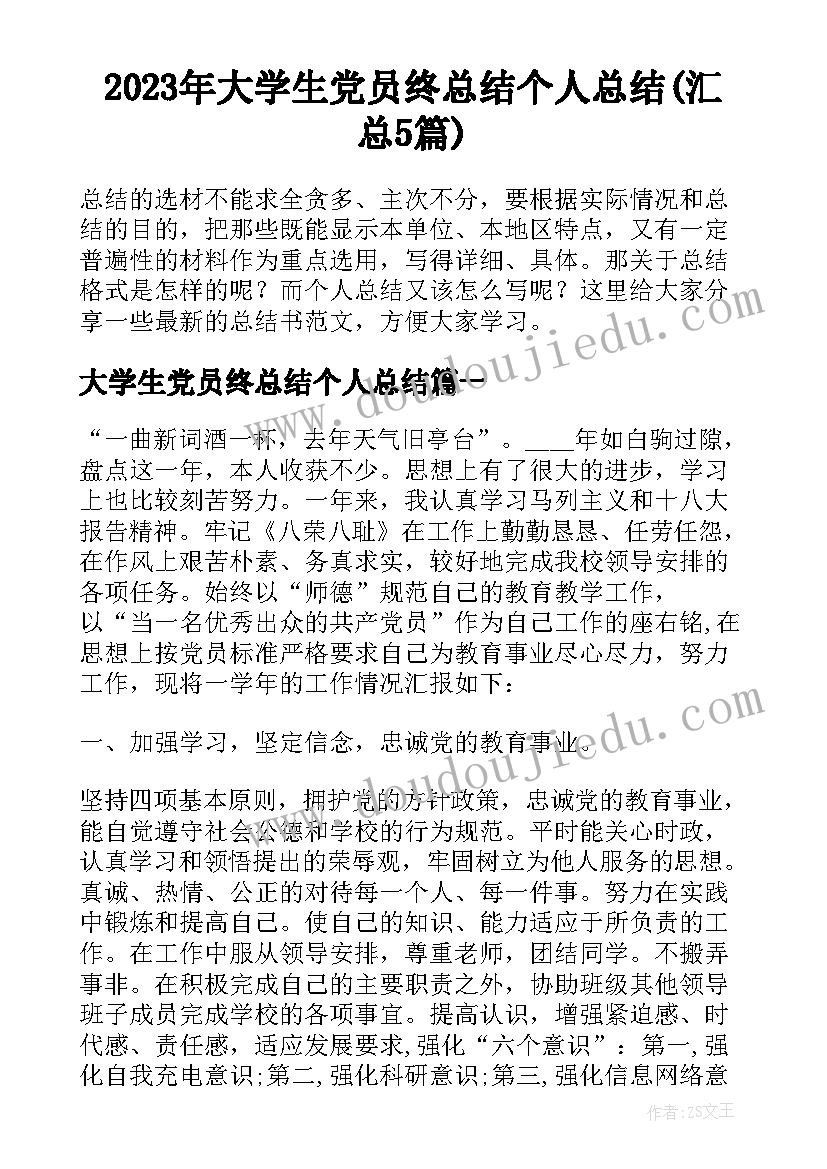 2023年大学生党员终总结个人总结(汇总5篇)