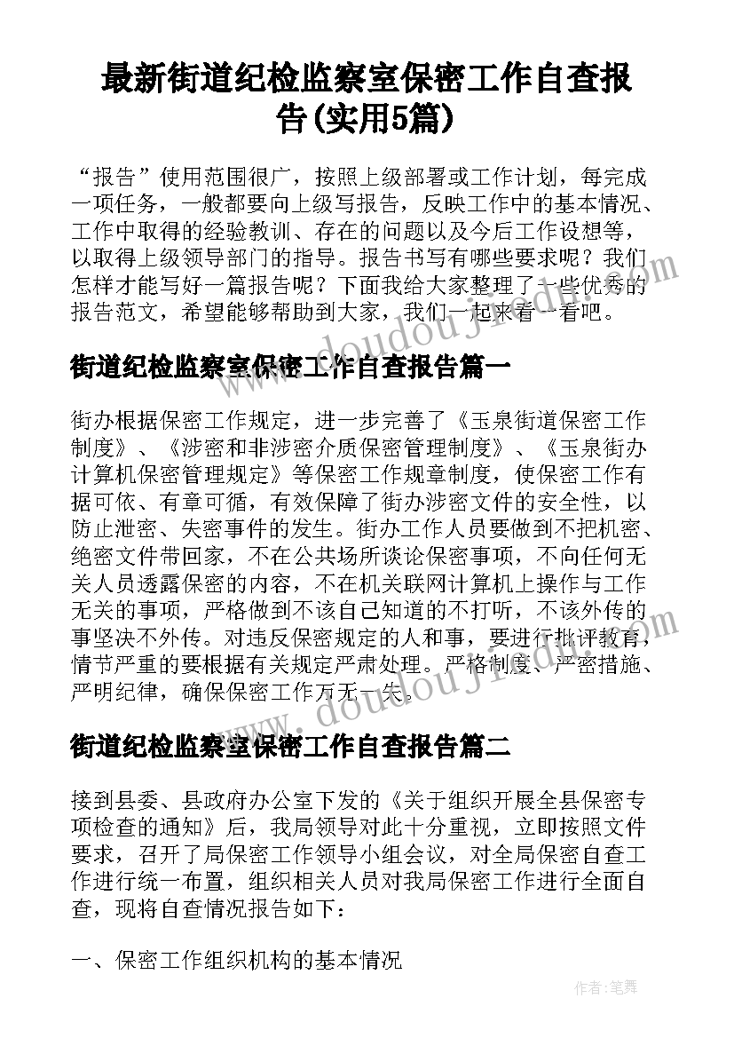 最新街道纪检监察室保密工作自查报告(实用5篇)