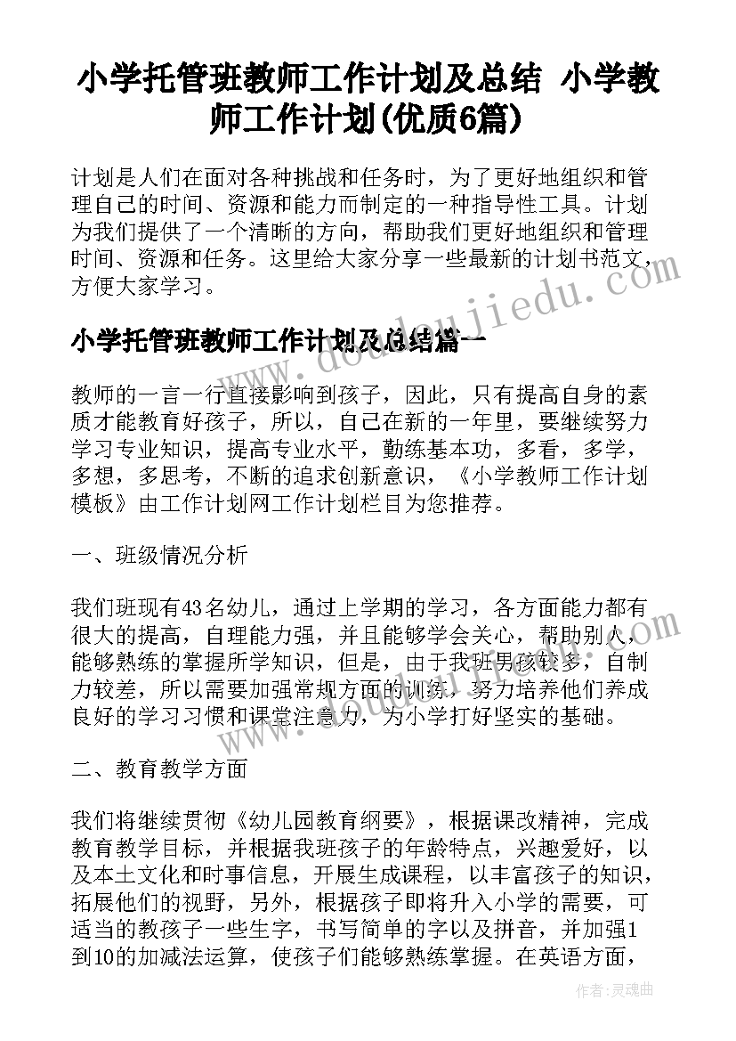 小学托管班教师工作计划及总结 小学教师工作计划(优质6篇)