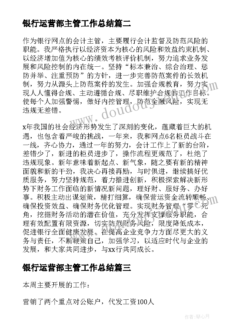 2023年银行运营部主管工作总结(大全5篇)