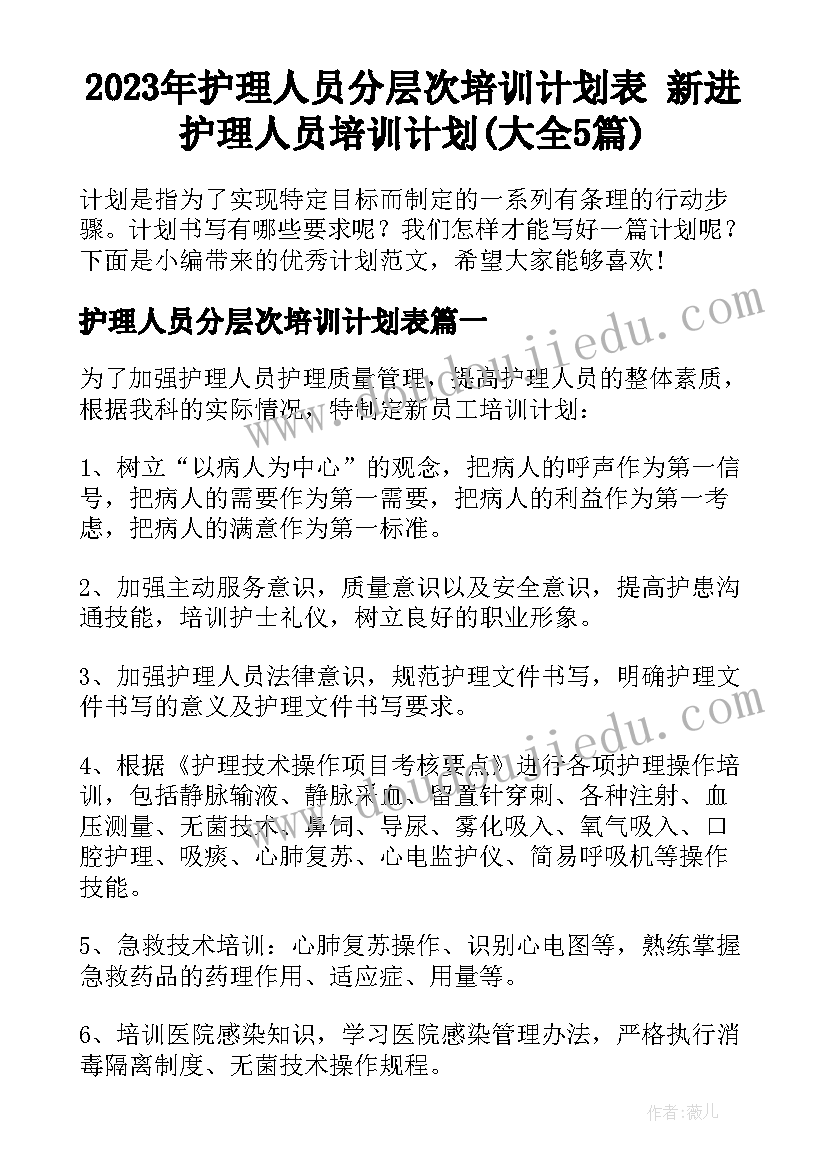 2023年护理人员分层次培训计划表 新进护理人员培训计划(大全5篇)