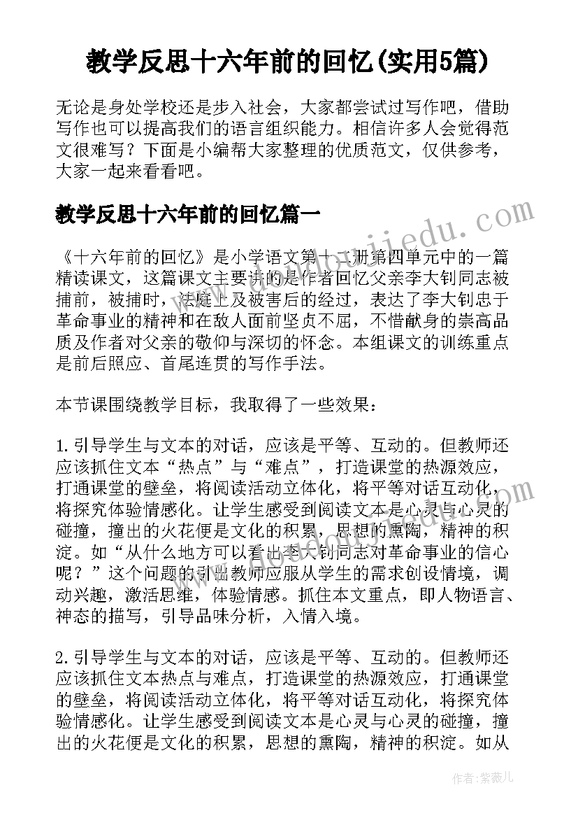 教学反思十六年前的回忆(实用5篇)