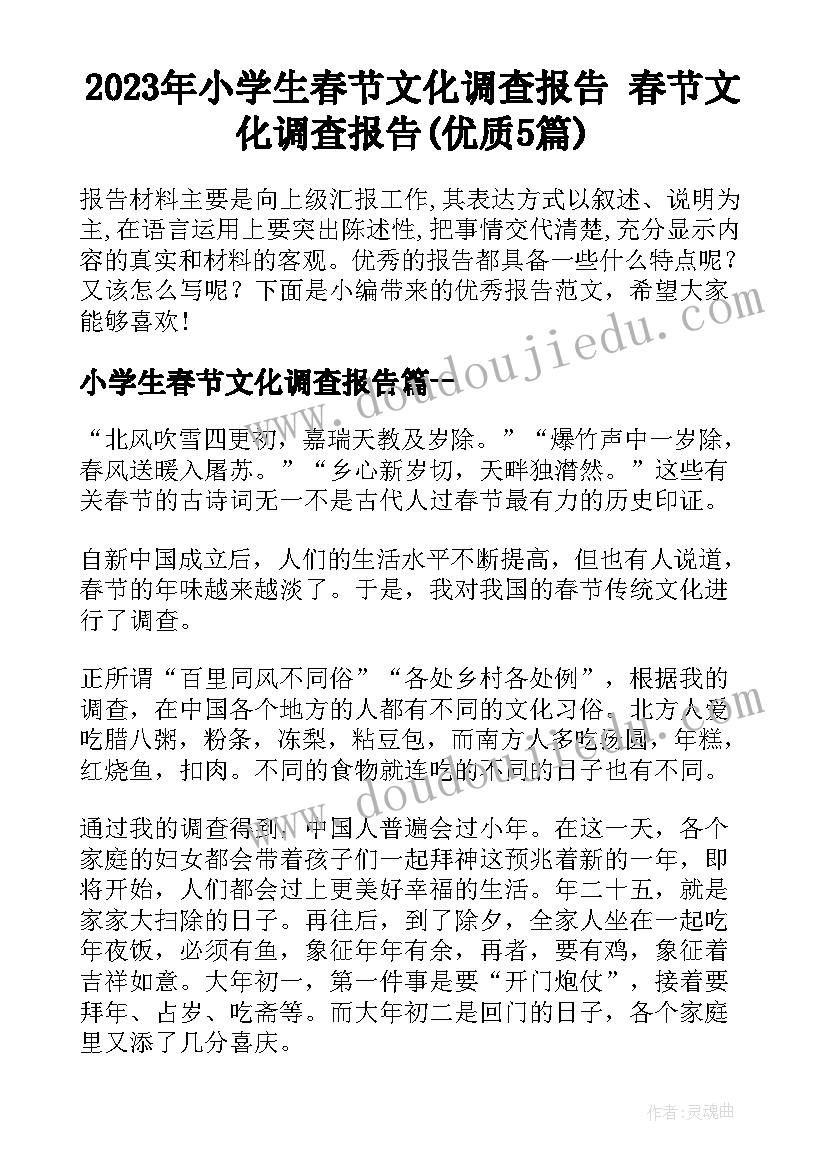 2023年小学生春节文化调查报告 春节文化调查报告(优质5篇)