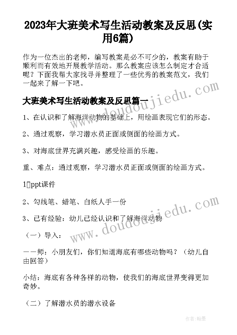 2023年大班美术写生活动教案及反思(实用6篇)