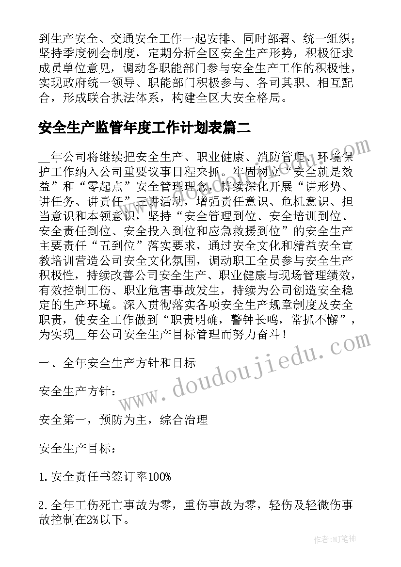 安全生产监管年度工作计划表(实用7篇)