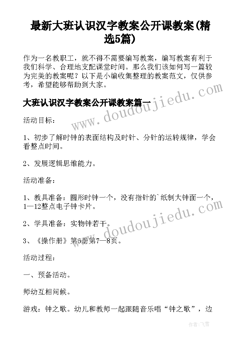 最新大班认识汉字教案公开课教案(精选5篇)