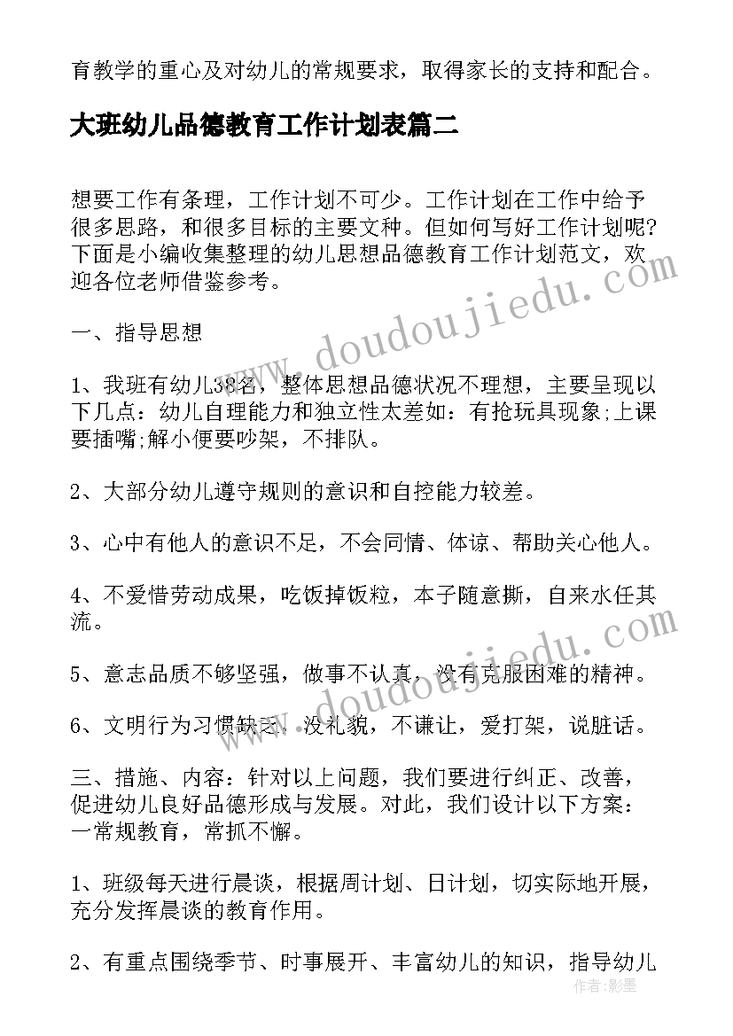 最新大班幼儿品德教育工作计划表(模板6篇)