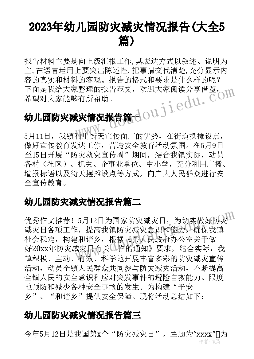 2023年幼儿园防灾减灾情况报告(大全5篇)