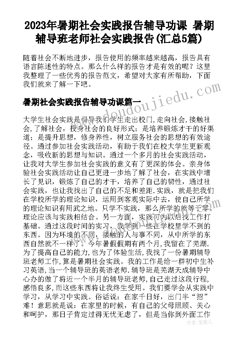 2023年暑期社会实践报告辅导功课 暑期辅导班老师社会实践报告(汇总5篇)