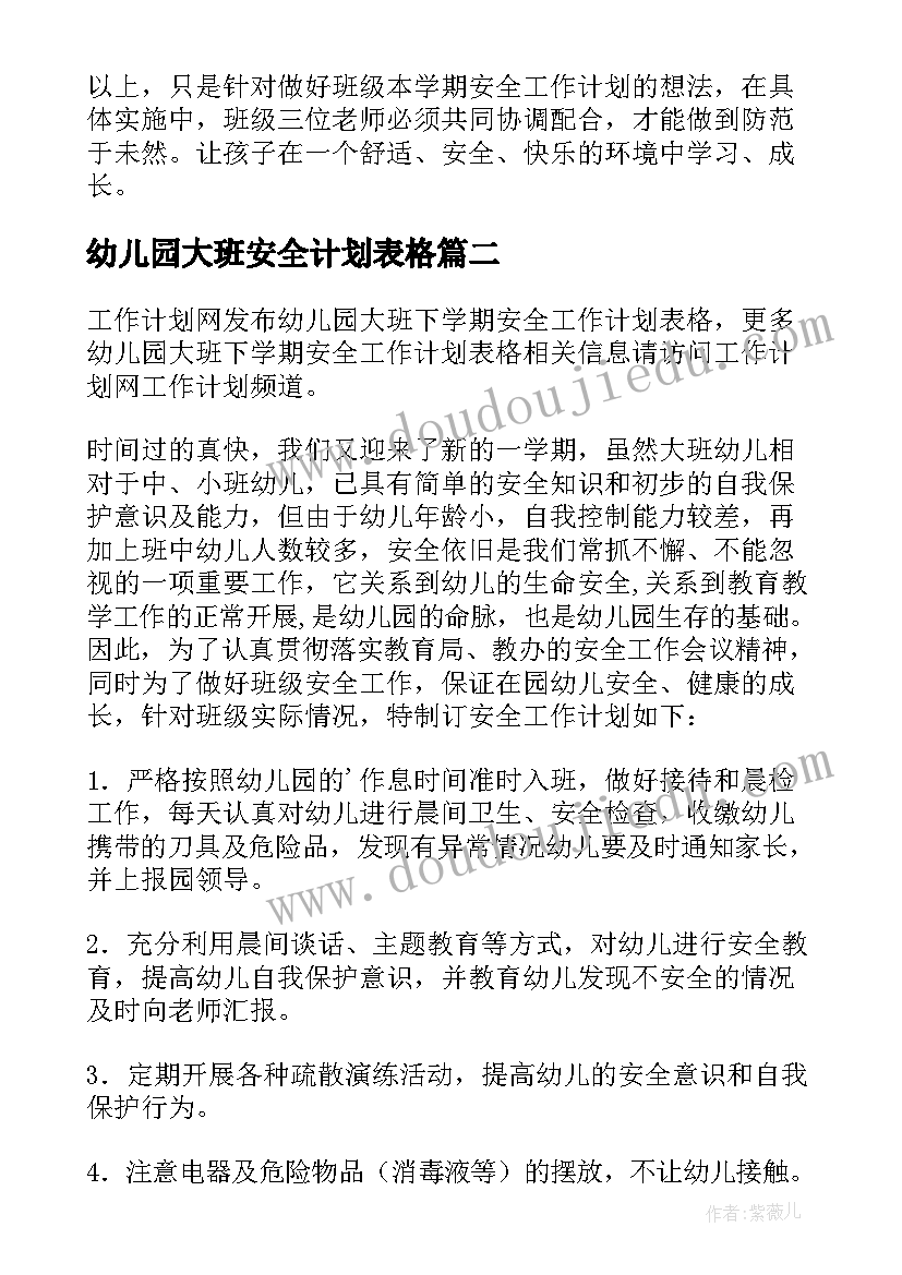 2023年幼儿园大班安全计划表格(精选5篇)